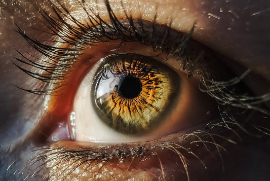A close up of a person's eye with long eyelashes